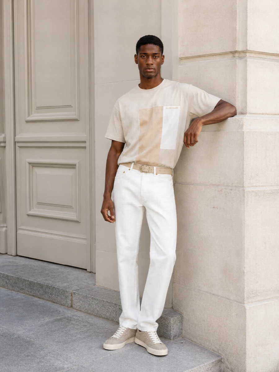 Golden goose white jeans neutral tee suede sneakers