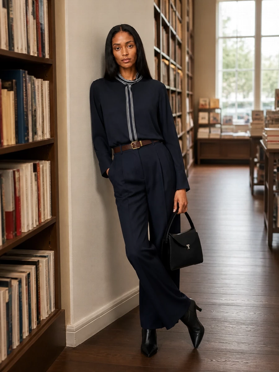 Fabiana filippi navy blouse wide leg trousers