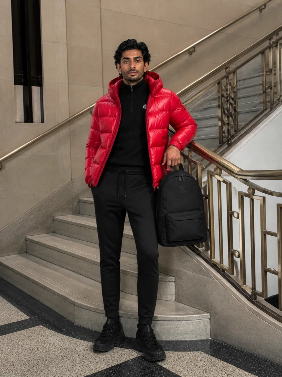 Moncler red puffer black joggers trail sneakers