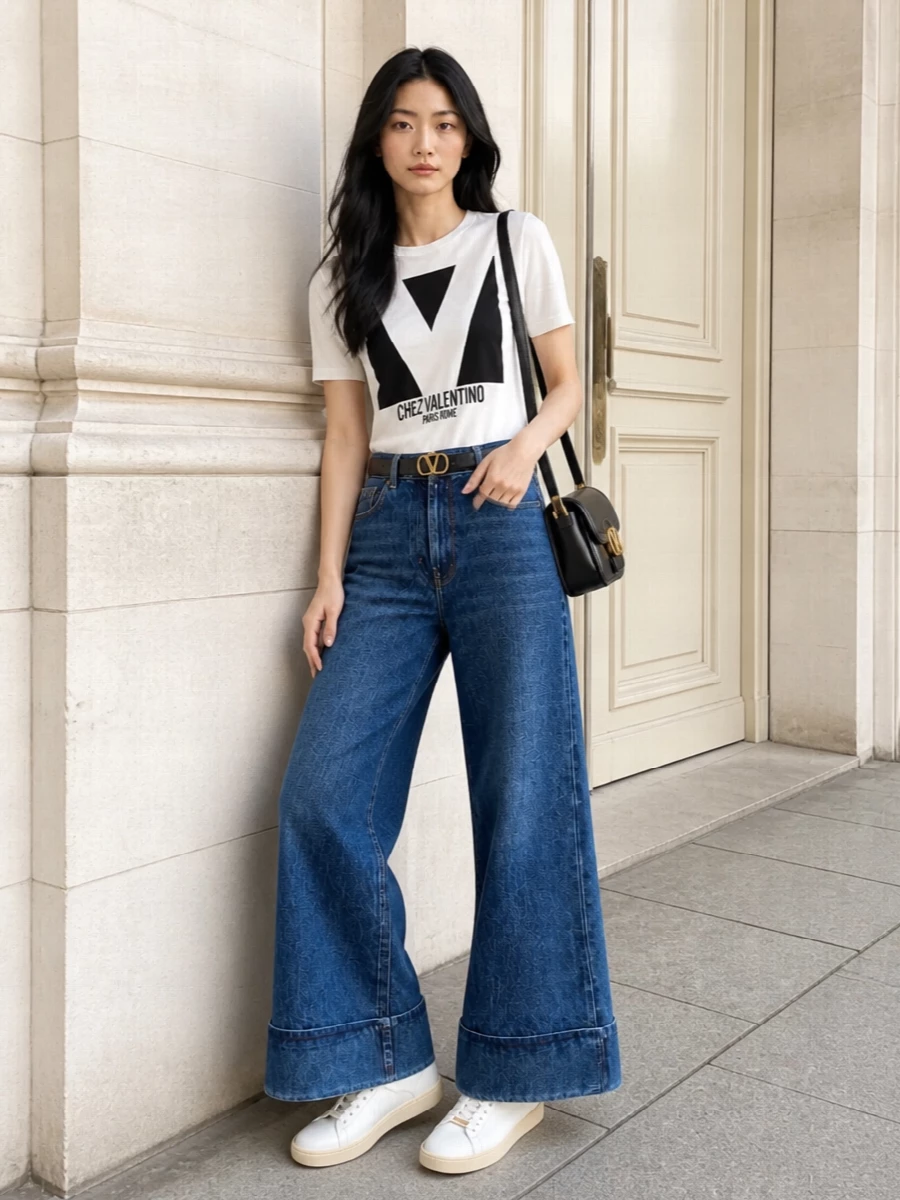 Valentino logo tee wide leg jeans outfit