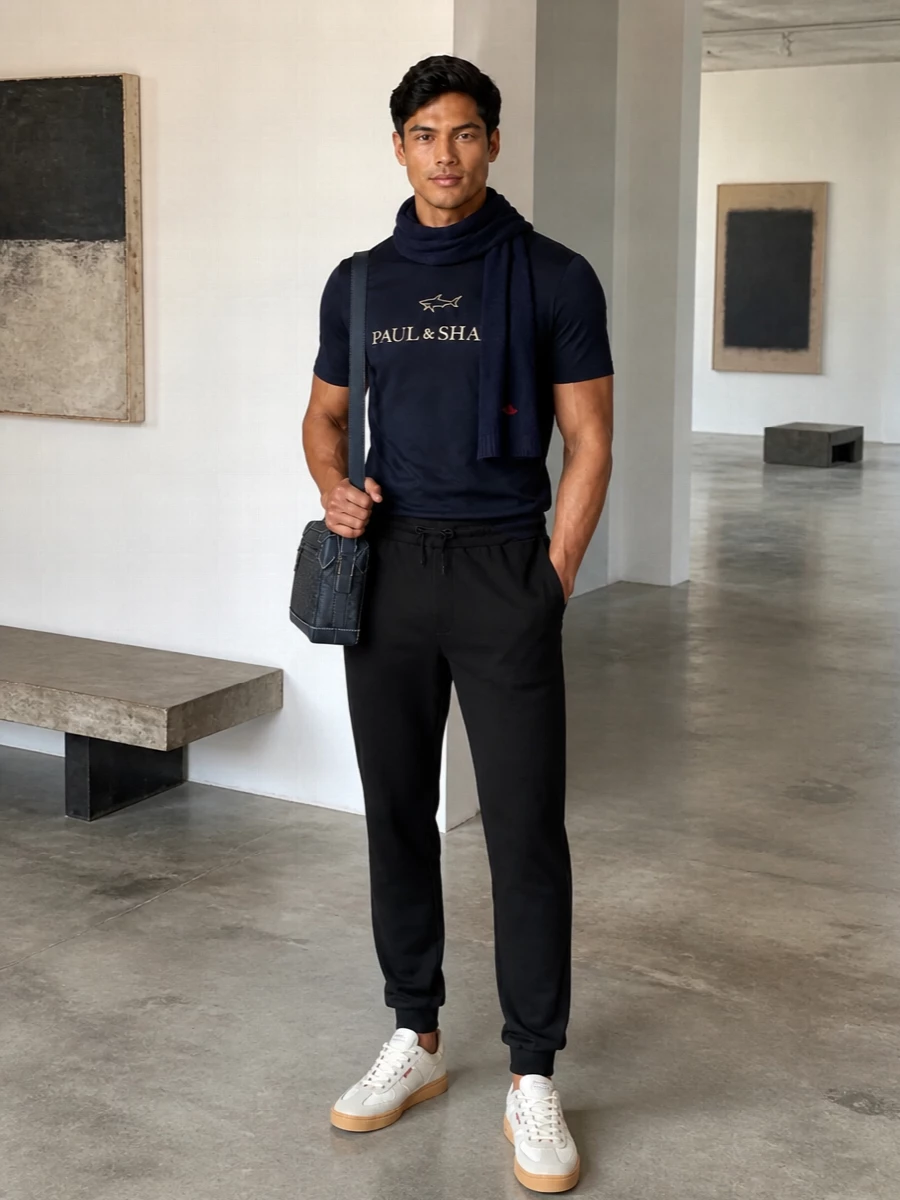 Navy on top and black through the leg keeps this firmly in that modern, minimal sport space, with the gum-sole sneakers lifting everything just enough. The Bally crossbody and discreet logo scarf add small, considered hits of texture and colour so the outfit feels thought-through without looking styled. It is an easy uniform for cooler city days when you want comfort to read as quietly intentional.