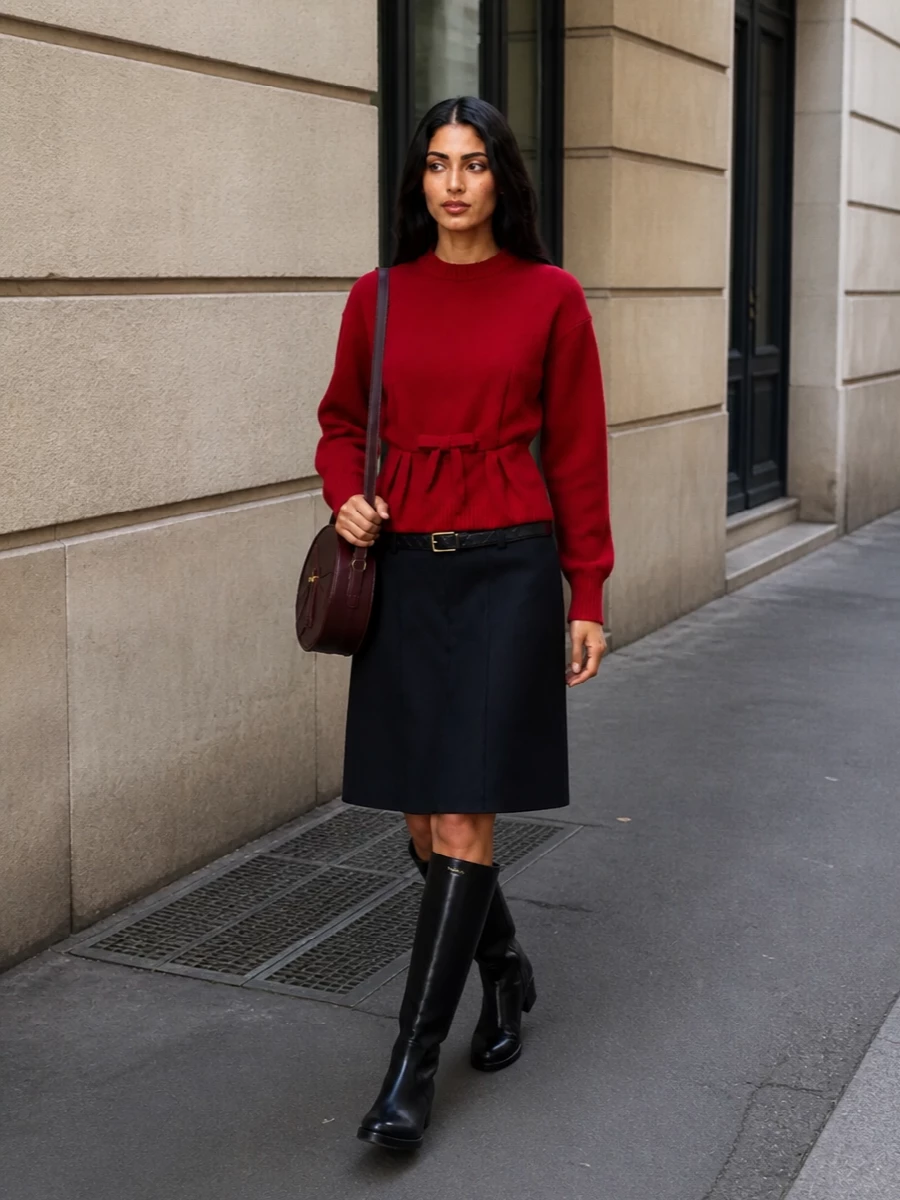 Prada mock neck jumper a line skirt outfit
