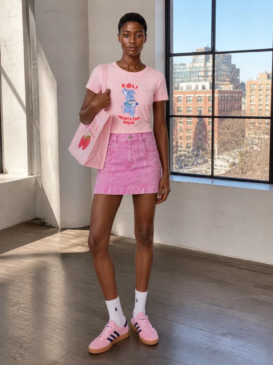 Kenzo’s bunny tee meets a pink denim mini for a candy-coloured, slightly nostalgic street-preppy mix that still feels clean and wearable. Pink suede runners and crisp white socks keep the energy sporty and grounded, while the raspberry-print tote ties the reds and pastels together so the palette feels intentional rather than saccharine.