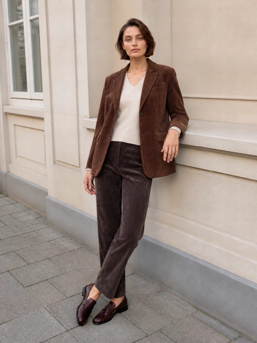 Ganni corduroy blazer brown trousers outfit