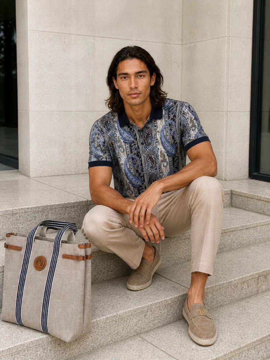 Etro’s paisley polo is balanced with sand drawstring trousers, keeping the pattern the focus while the silhouette stays relaxed and tailored. Taupe espadrille loafers and a structured canvas tote pick up the navy and beige tones, giving the outfit a Riviera-ready polish that feels smart without stiffness. A small geometric scarf in navy and ivory offers the option of a subtle finishing touch for days when you want a bit more intention around the collar or pocket.