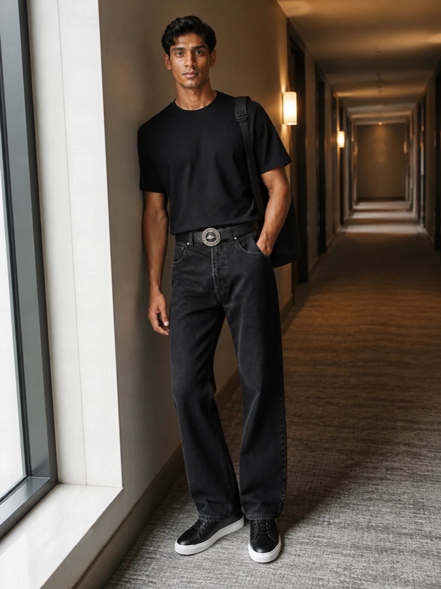 Entire studios black t shirt wide black jeans