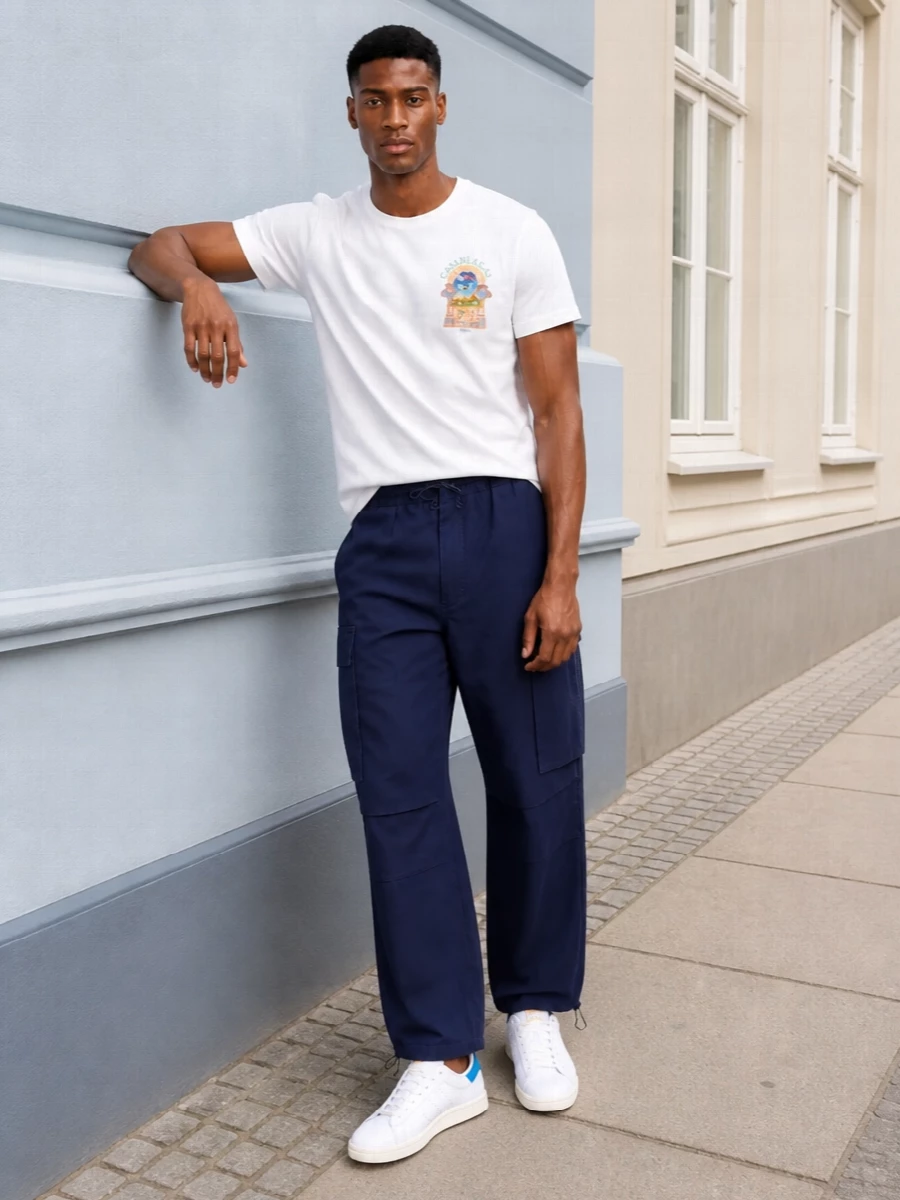 Casablanca tee navy cargos adidas sneakers