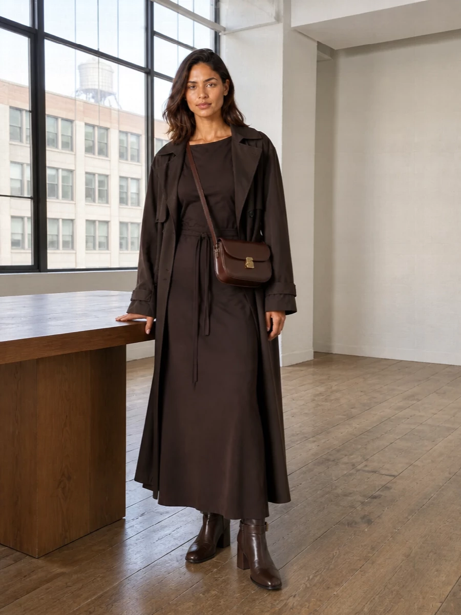 Lemaire chocolate maxi dress trench outfit