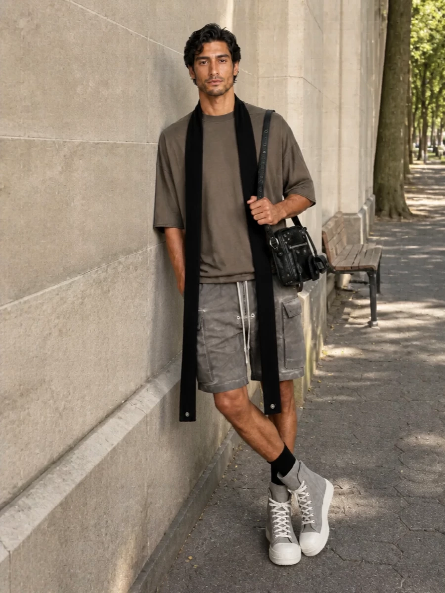 Rick owens cargo shorts oversized tee boots