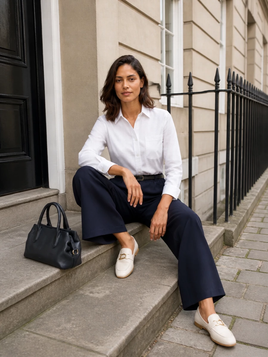 Max mara navy wide leg trousers white shirt