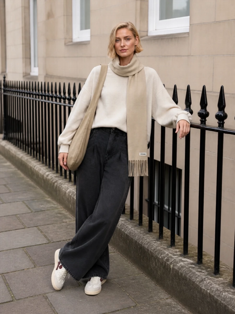 Soft neutrals and fluid proportions give this a modern, low-key Parisian ease. The washed charcoal trouser grounds the draped sweatshirt, while tonal sneakers and a slouchy hobo keep everything relaxed yet precise. A long beige scarf finishes the palette with quiet texture and warmth.