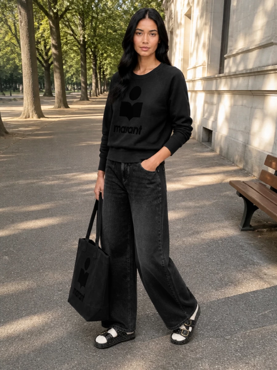 Isabel marant logo sweatshirt wide leg jeans outfit