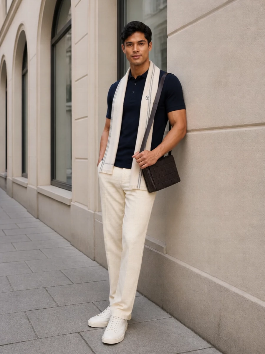 Brunello cucinelli navy polo cream trousers
