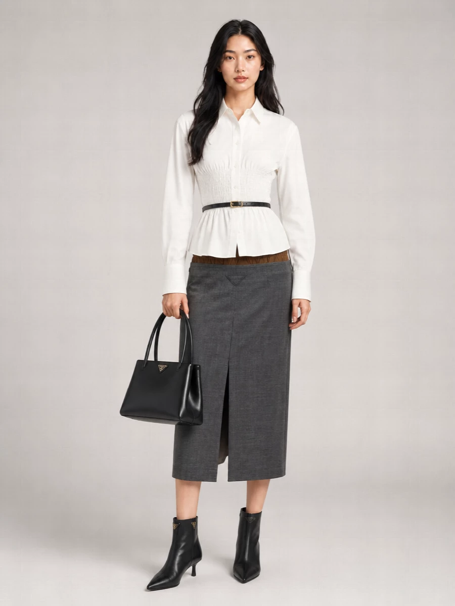 Prada Virgin Wool Pleated Midi Straight Skirt