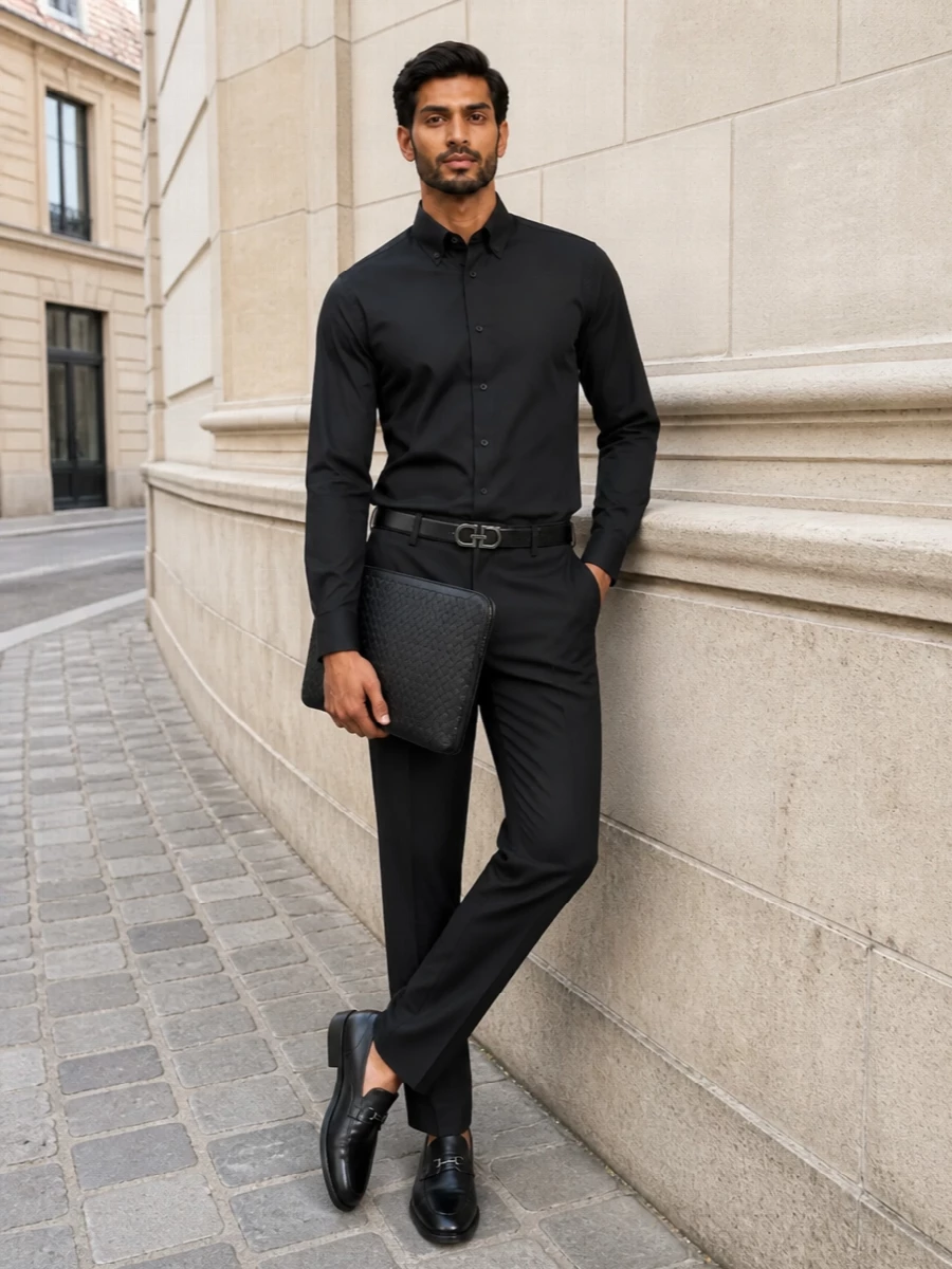 Fendi charcoal suit black shirt loafers