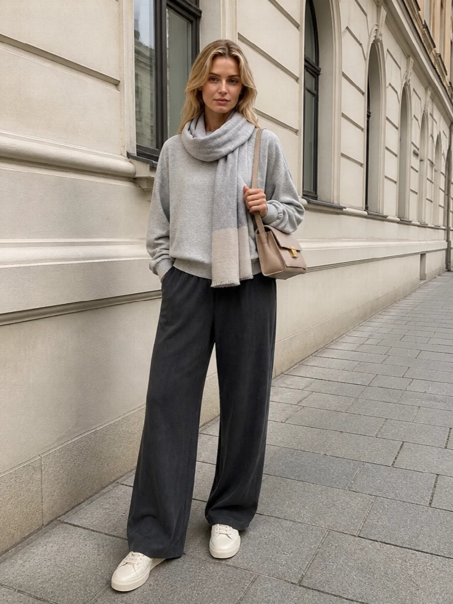 Golden goose charcoal pants grey sweatshirt outfit