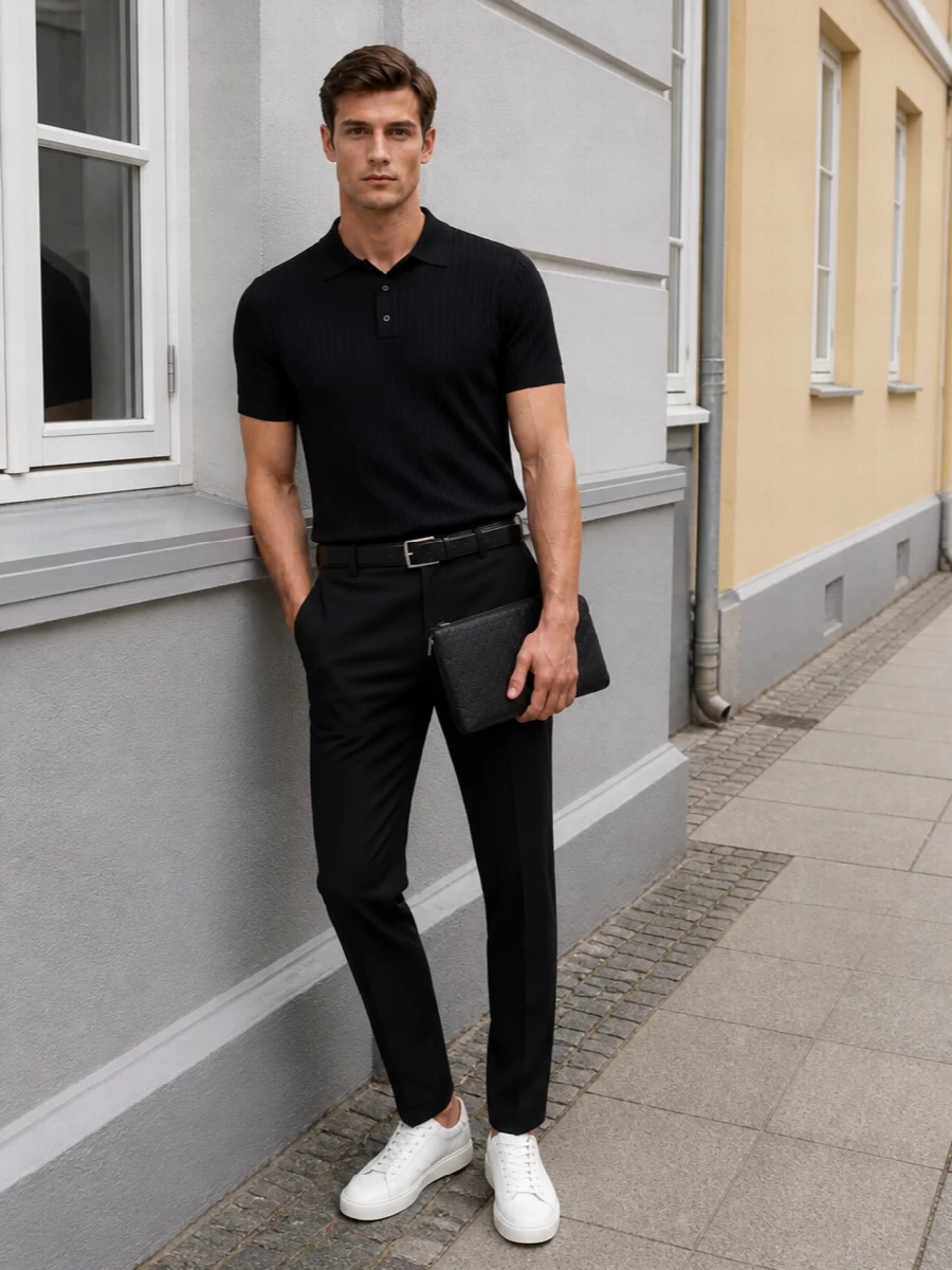 Black tailored trousers and a ribbed knit polo create a sleek, monochrome base with just enough texture to feel considered rather than stark. Clean white sneakers break the darkness and keep the mood relaxed but smart, while the slim black belt and discreet clutch sharpen everything for dinners, gallery openings or late-night city plans.