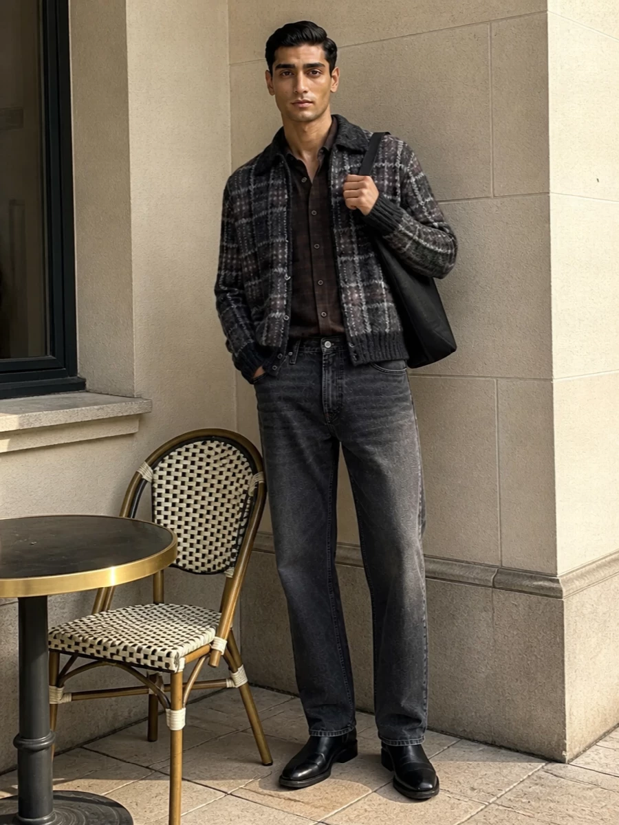Our legacy plaid cardigan black jeans boots