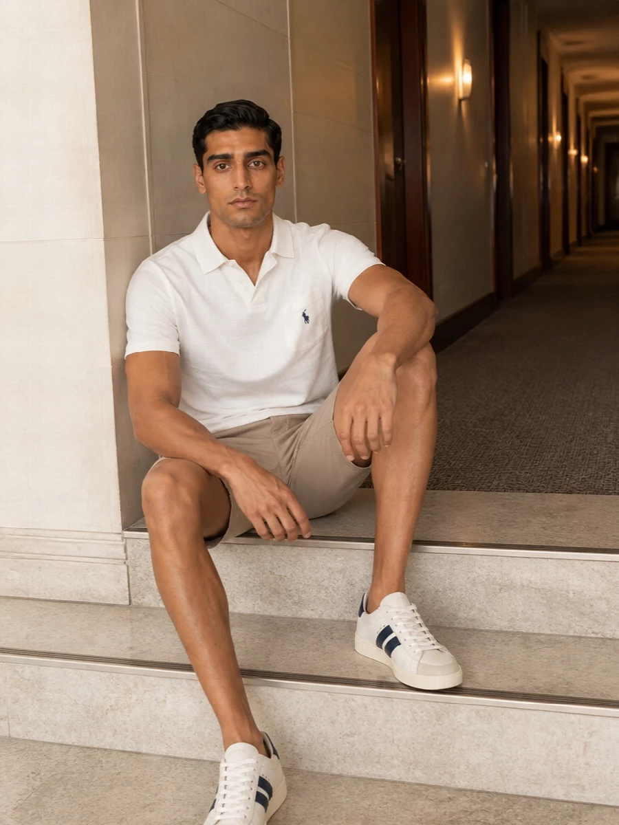 Soft white and khaki keep the polo and chinos clean and collegiate, while navy details from sneaker stripes and subtle accessories tie everything together. The result is an easy warm-weather outfit that feels relaxed yet intentionally quiet in its branding and colour story. Ideal for city afternoons, casual lunches or coastal weekends where you want polish without stiffness.