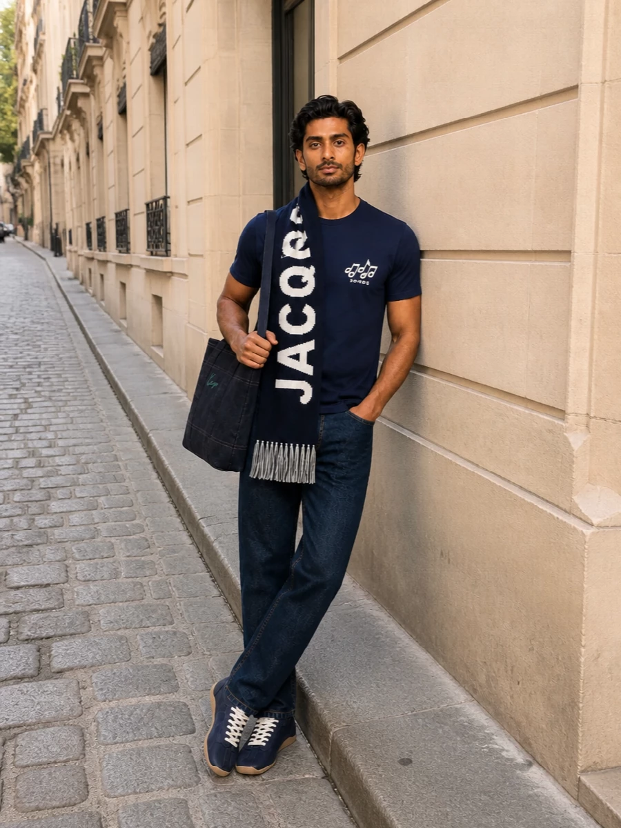 Kenzo navy tshirt dark indigo jeans sneakers