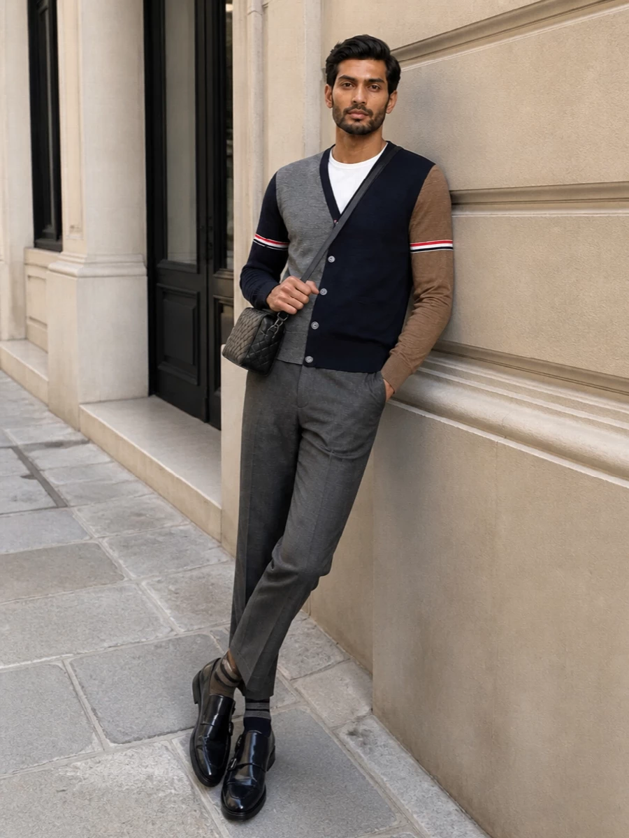 Thom browne cardigan tailoring outfit guide