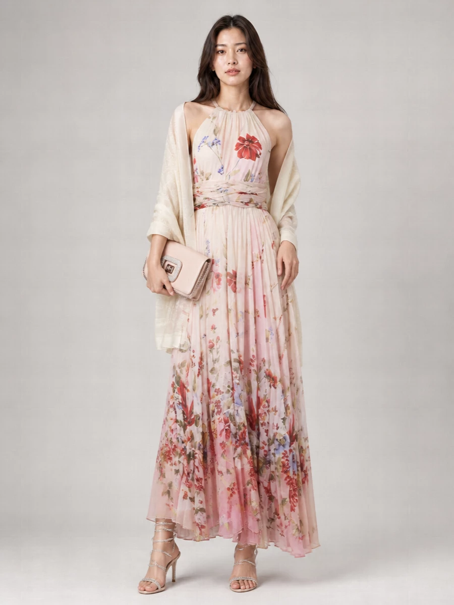 Roberto Cavalli Silk Floral-Print Halterneck Cutout Maxi Dress
