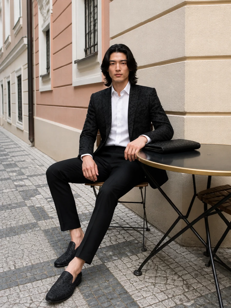 Dolce gabbana black jacquard suit bottega clutch