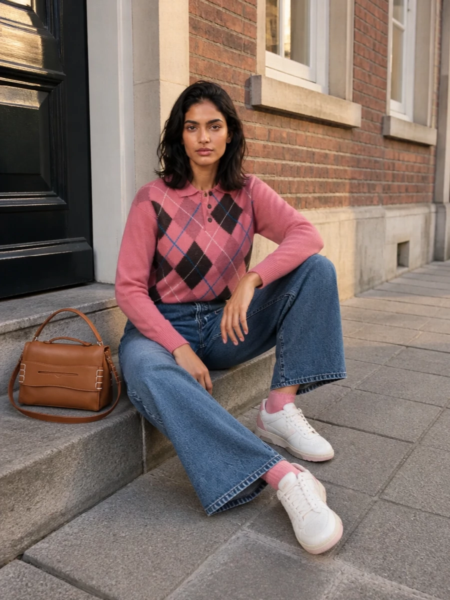 Jw anderson argyle sweater wide leg jeans outfit