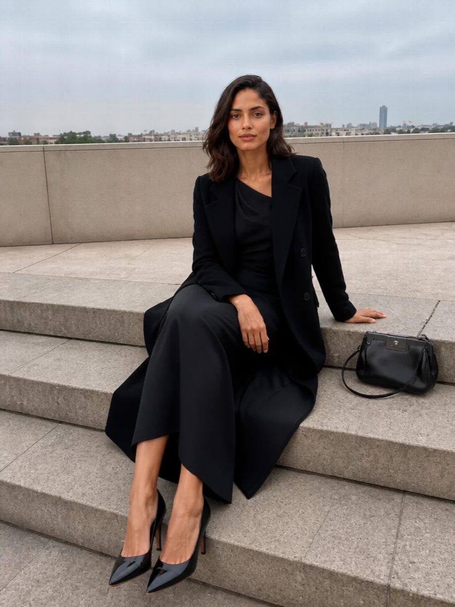 Max mara black coat column evening gown outfit