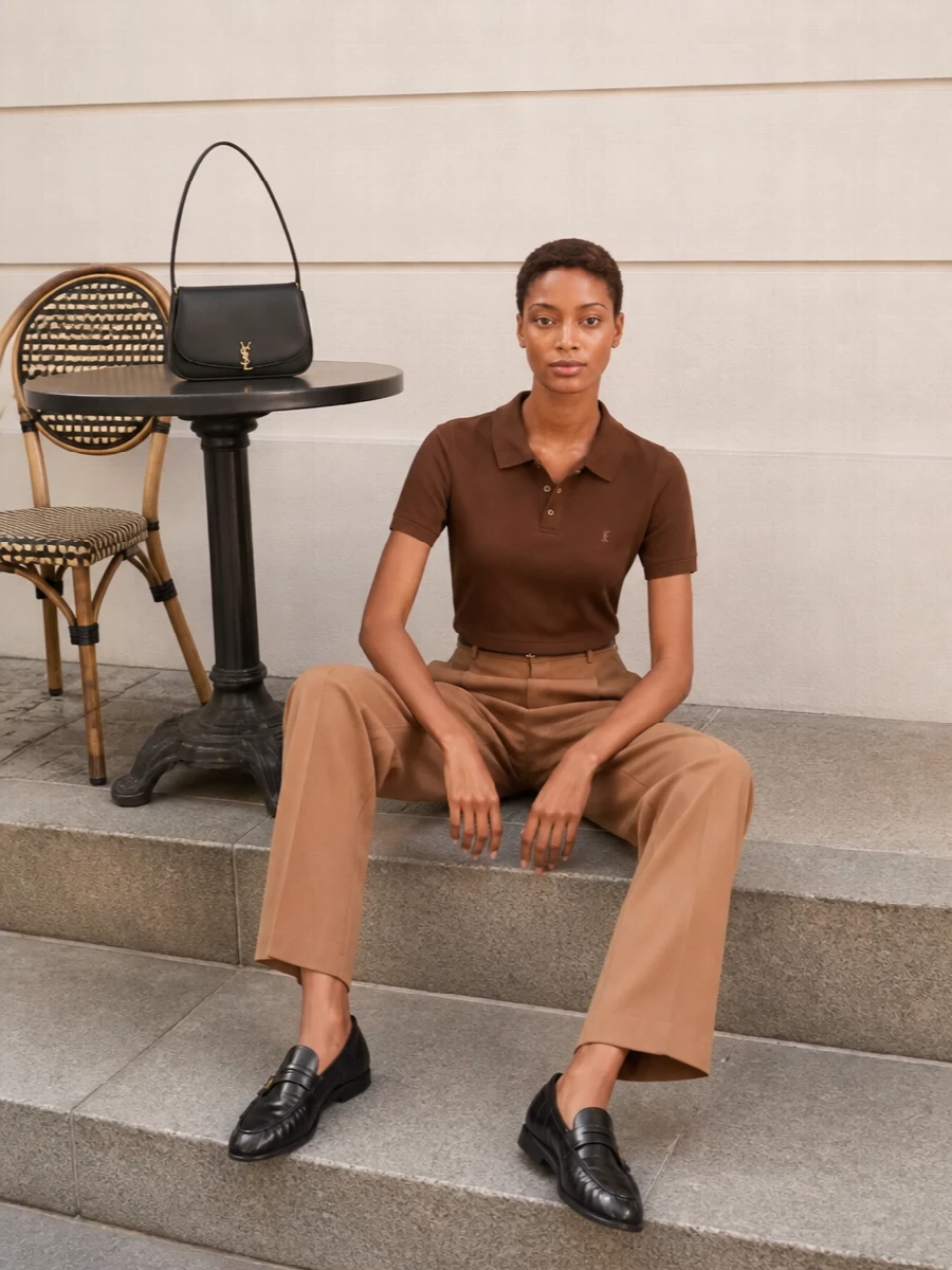 A cropped brown polo meets high-rise camel tailoring for a modern riff on classic Saint Laurent preppy. Wide legs, a slim belt and glossy black loafers keep the proportions clean, while a structured black shoulder bag and gold hardware add just enough definition. The result is relaxed but precise, ideal for city days that still call for intention.