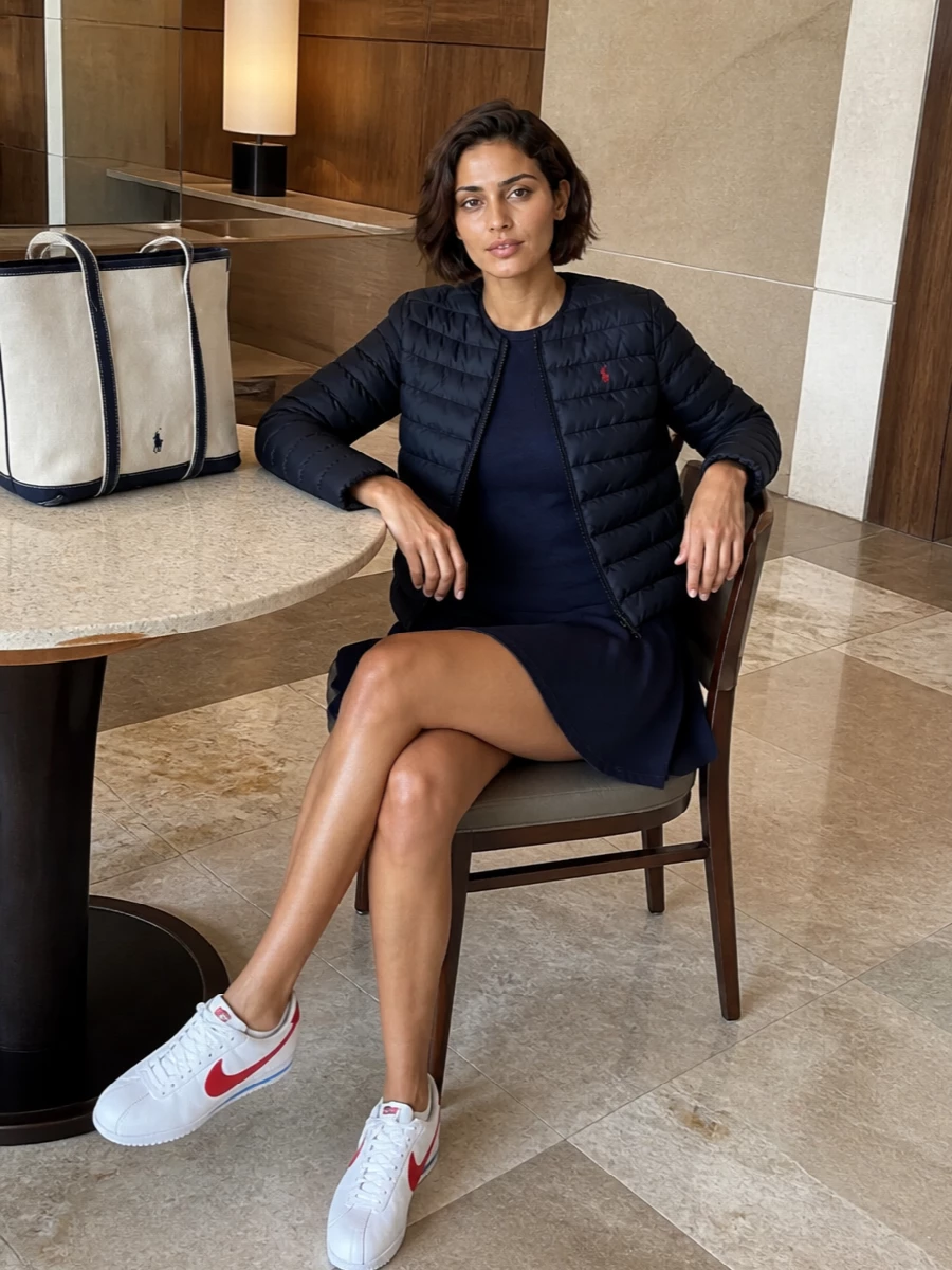 I’m anchoring this around the dress rather than joggers and a sweatshirt so the cropped puffer tops a clean, defined base instead of full athleisure. The navy A-line mini echoes the jacket’s colour and logo while the sneakers and canvas tote keep everything sport-influenced but still polished enough for city days. It feels like tennis-club energy translated for errands and travel.