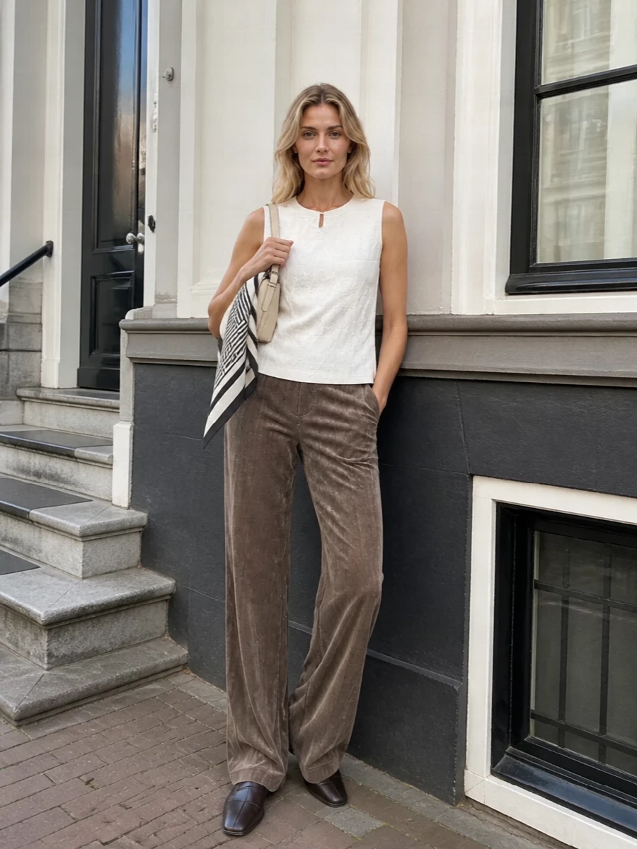 Alysi ivory blouse mocha wide leg trousers
