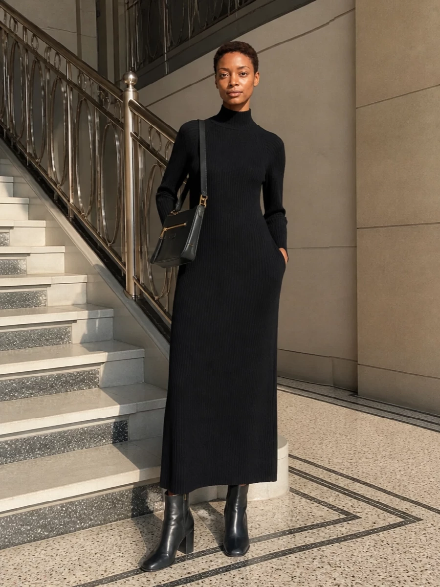Tods chelsea boots black turtleneck knit dress