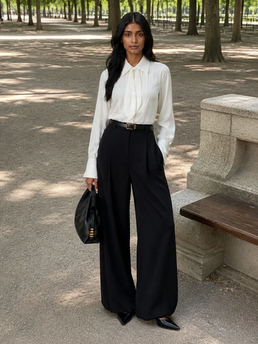 An ivory pleated tuxedo shirt is grounded with sculptural ultra-wide black tailoring for a modern, monochrome evening ensemble. Pointed black mules maintain a clean, elongated line, while a slouched black Loewe pouch introduces soft volume and discreet gold hardware. A slim black belt trims the waist so the proportions feel intentional rather than oversized.