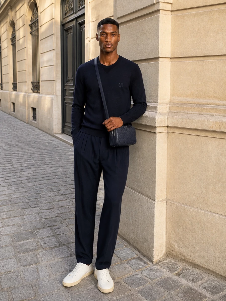 Giorgio armani navy knit trouser outfit
