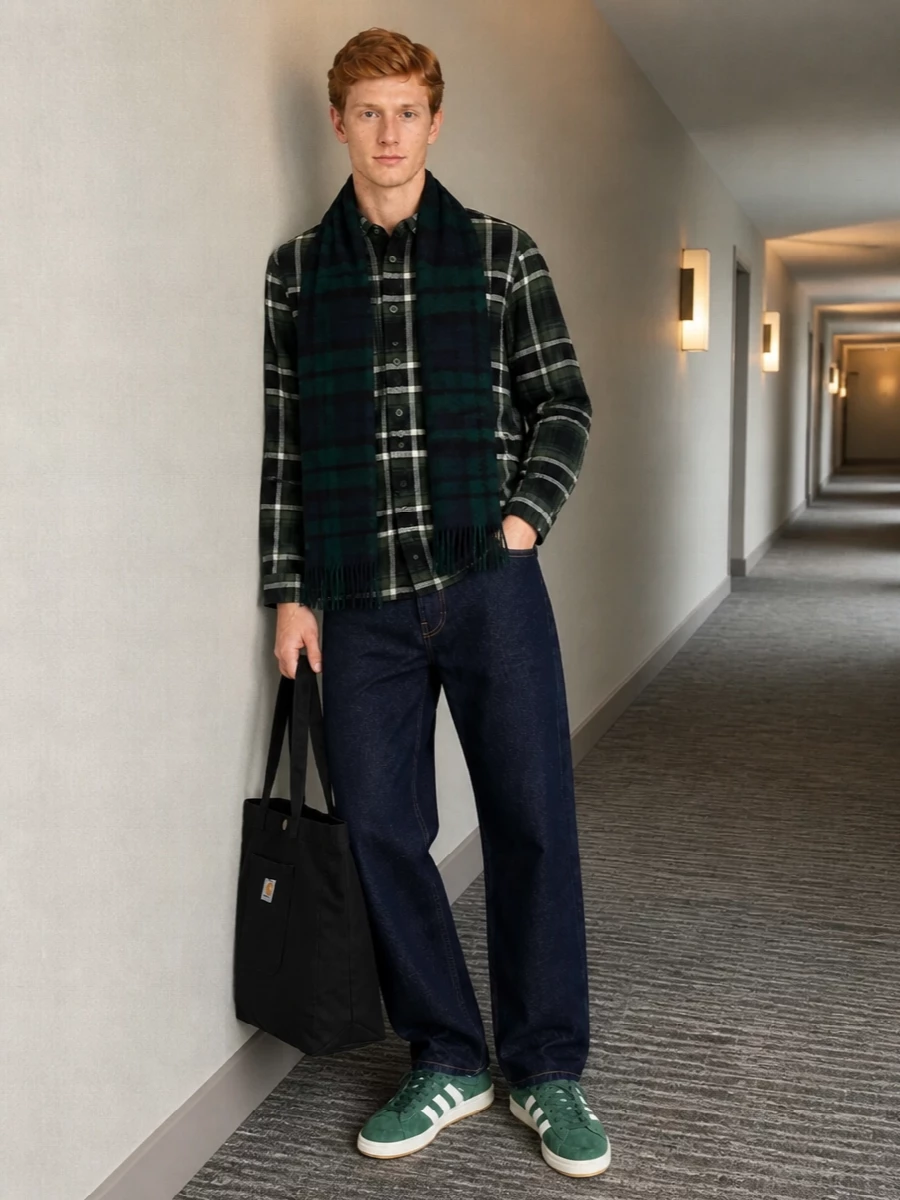 Carhartt’s tartan shirt sits over dark indigo denim for a clean workwear base that still reads considered. Forest green suede sneakers pull the colour story from the shirt down, while the black tote keeps everything practical and city ready. A moody tartan scarf finishes the palette with a soft, winter-ready layer that feels intentional rather than loud.