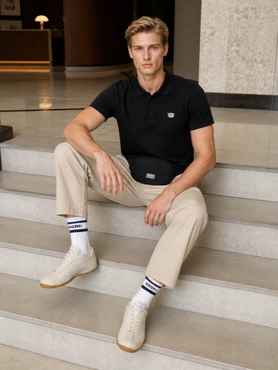 Kenzo black polo beige drawstring trousers outfit