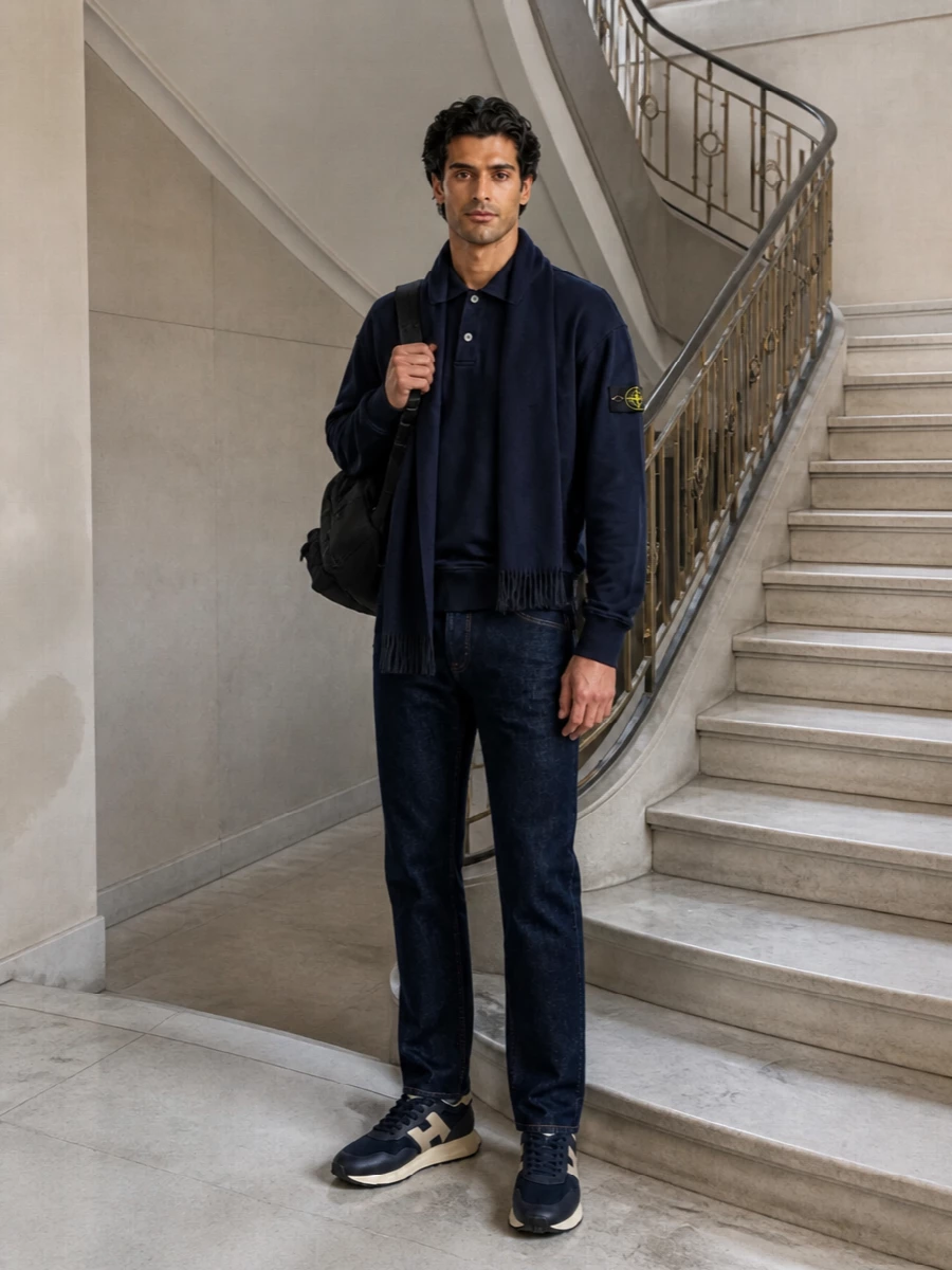 Stone island navy sweatshirt dark indigo jeans outfit