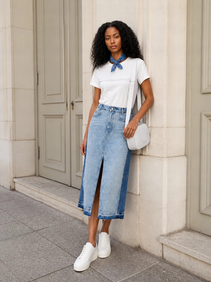 A crisp Stella logo tee tops a sharply panelled denim midi, keeping the palette cool and minimal while playing with proportion. Off-white low-top sneakers and a compact cross-body keep the line clean and practical for city days, with a soft blue scarf introducing just enough colour. The result feels modern, relaxed and quietly styled, without losing that polished streetwear edge.