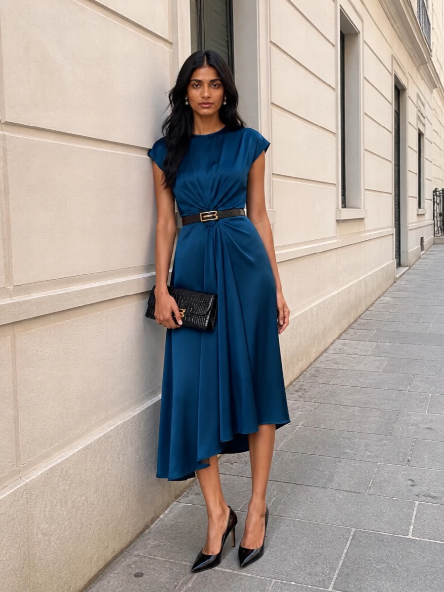 Victoria beckham teal satin dress black heels