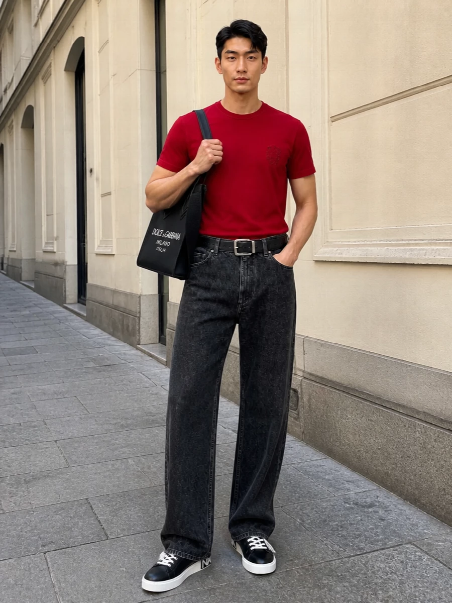 Dolce gabbana red tshirt wide leg jeans outfit