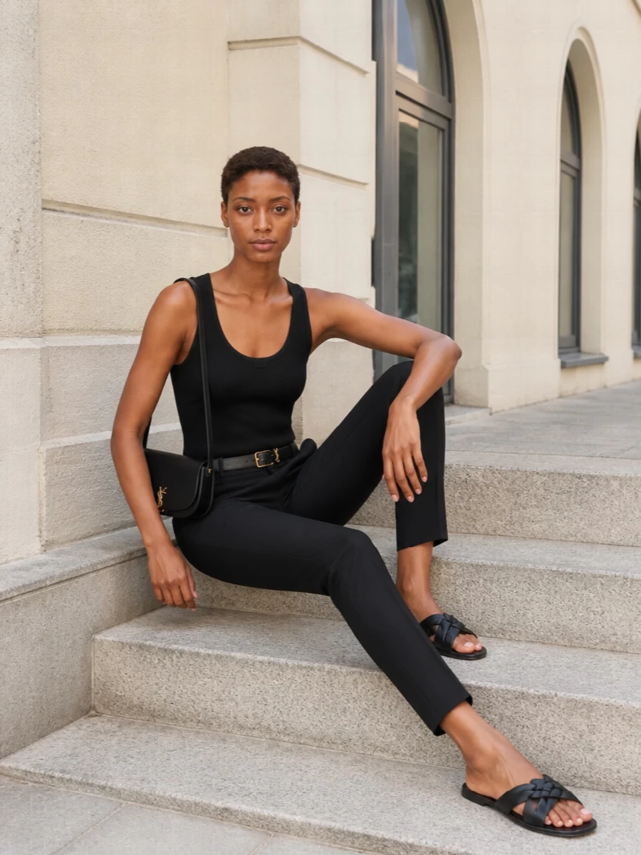 A finely ribbed black tank meets sharp black tailoring for a clean column of Saint Laurent minimalism. Flat woven slides keep it grounded and quiet, while a curved baguette bag and slim belt add just enough gold detail. It is unfussy, confident dressing for city days that often end at dinner.