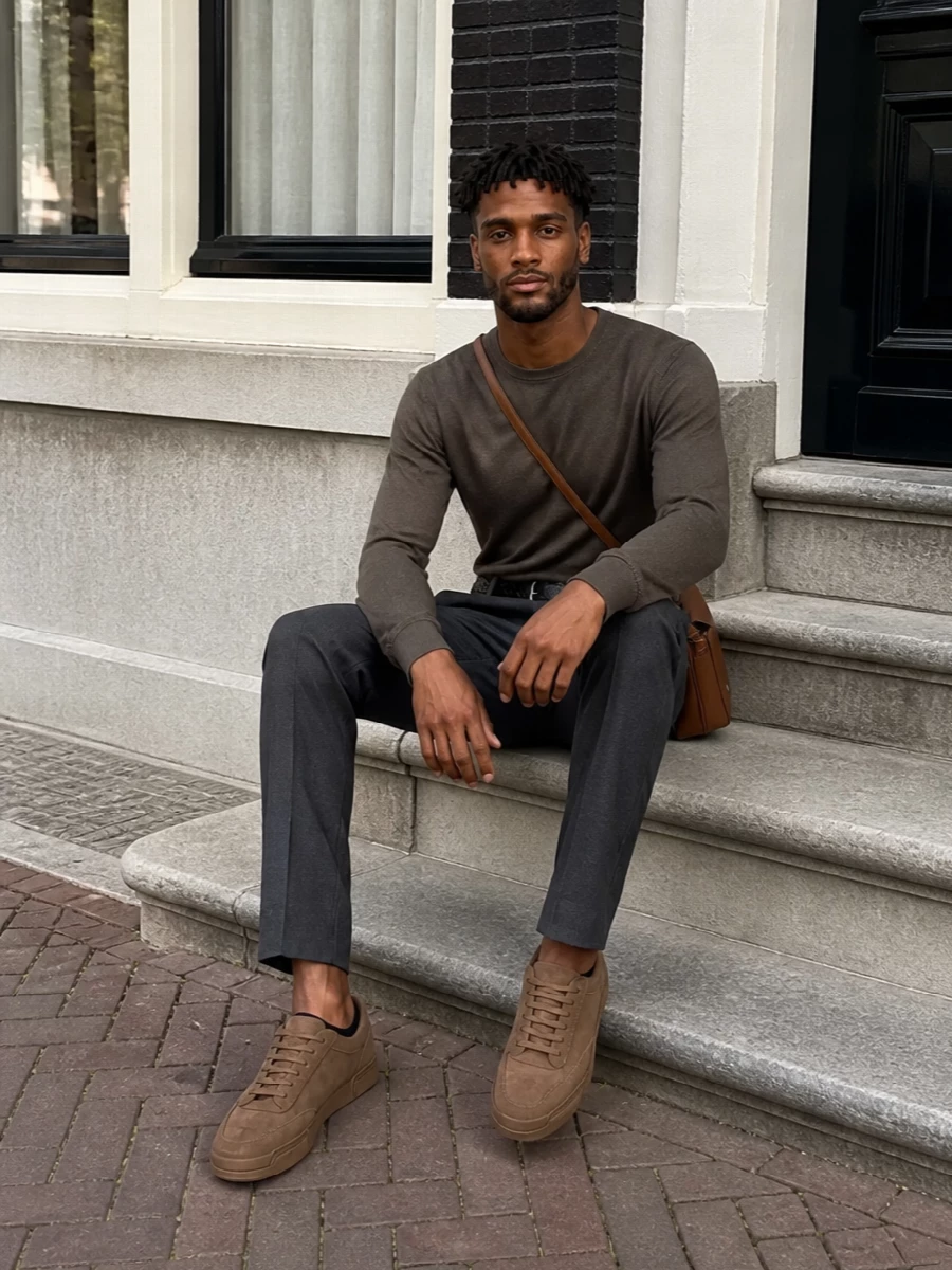 Dolce gabbana taupe sweater charcoal trousers outfit