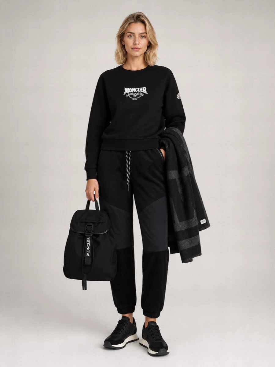 A monochrome Moncler set built for travel days and city walks, with relaxed joggers and a clean logo-signed sweatshirt in deep black. Sleek runners and a structured backpack keep the mood technical and agile, while a graphic black-and-charcoal scarf adds cocooning warmth without breaking the streamlined silhouette.