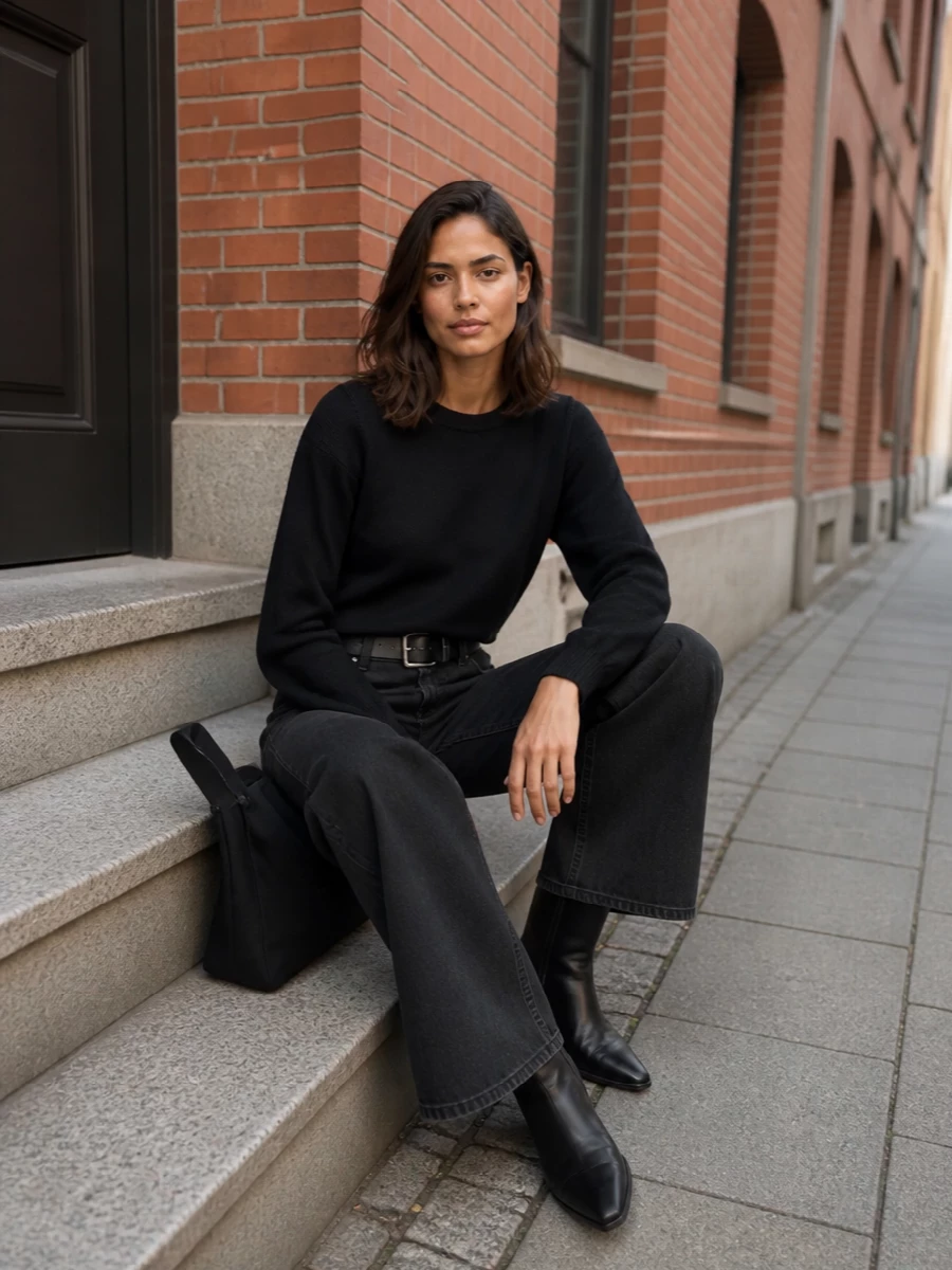 Washed-black wide-leg denim is grounded with an inky A.P.C. knit for a clean, column-like base. A pointed black Chelsea boot keeps the proportions sharp and modern, while a slim black belt and compact Alexander Wang shoulder bag finish the outfit with low-key structure and city polish. It is a quietly confident way to wear wide jeans from daytime errands to casual dinners without changing a piece.