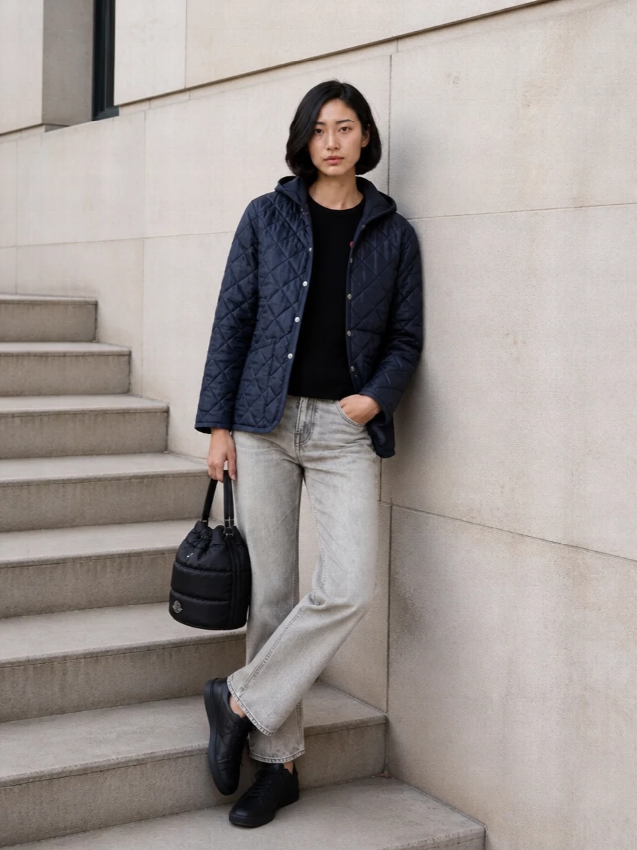 I am keeping this as a layered separates story rather than a dress, so the quilting on the jacket can read as the main texture and stay practical for day. The long black tee and stone straight-leg denim create a simple vertical base, while the monochrome sneakers and padded bucket bag quietly echo the utility mood. It feels like a clean, Japanese-inflected city uniform that is warm, unfussy, and graphic in a restrained way.
