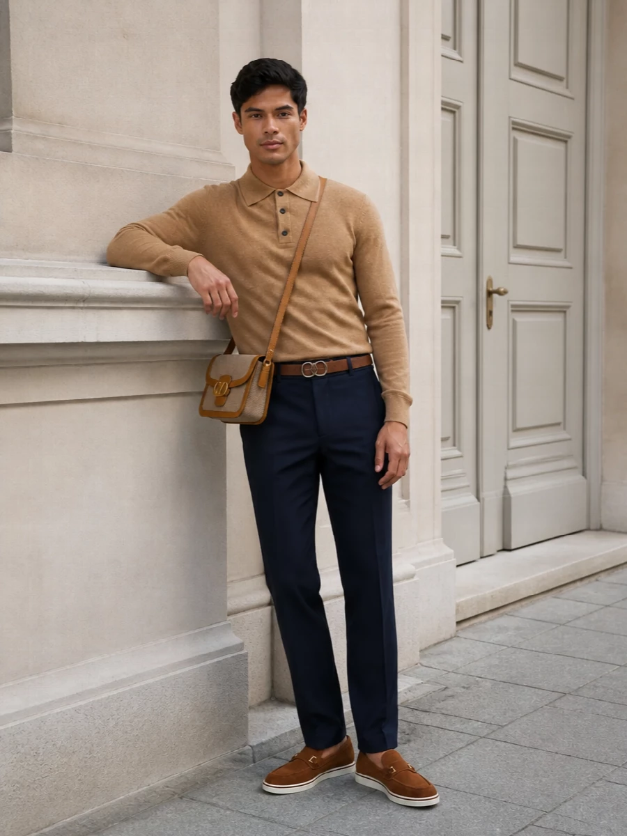 Ferragamo camel polo navy trousers outfit