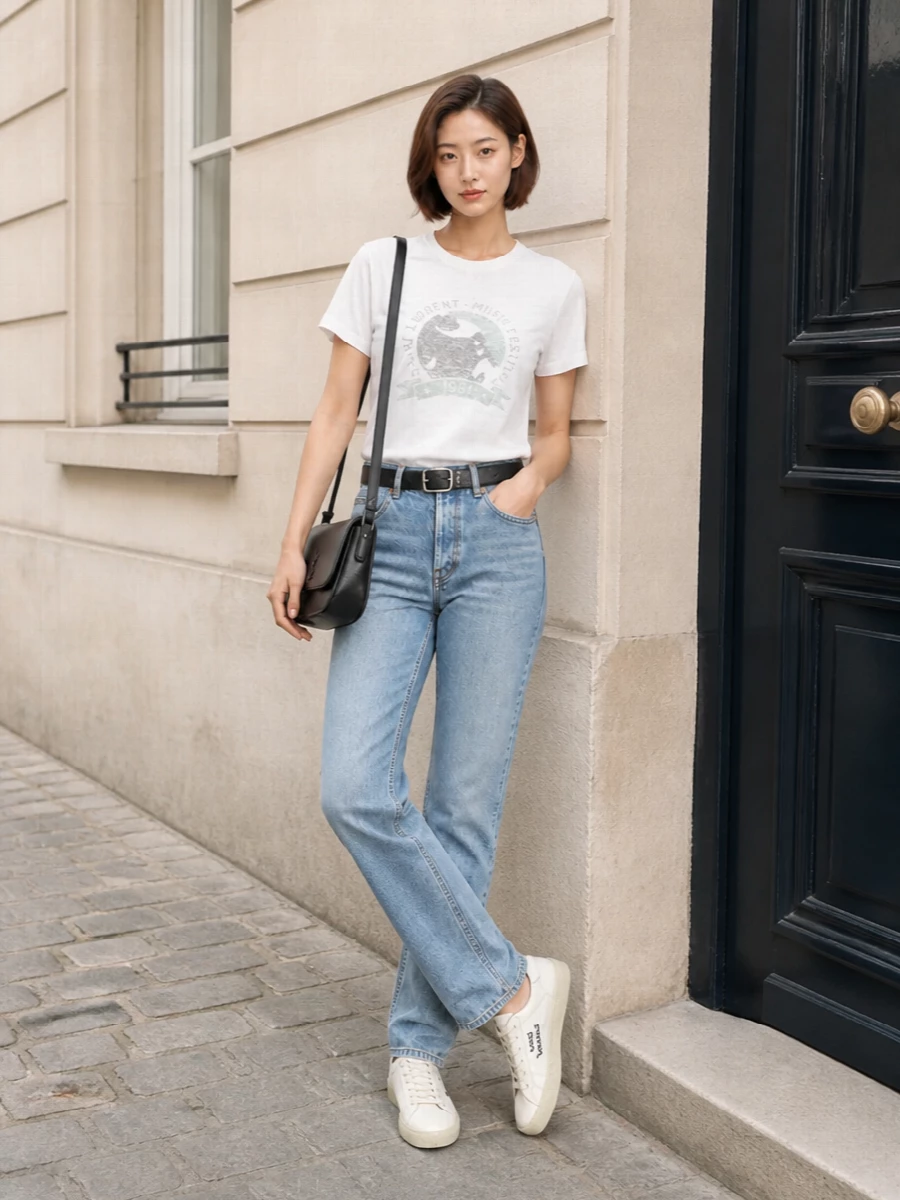Saint laurent band tee straight leg jeans outfit