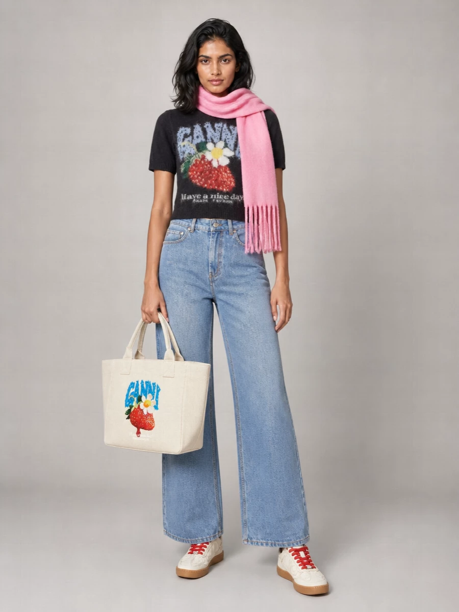 Ganni Alpaca Wool Strawberry Jacquard Short Sleeve Sweater