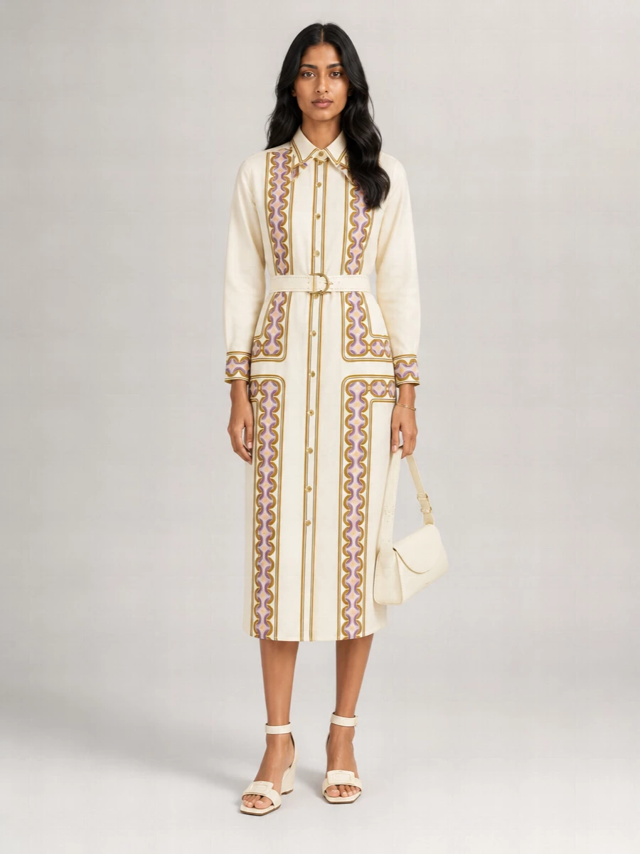 A polished midi shirt dress in buttercream takes center stage, cinched neatly at the waist and grounded with cream wedges for discreet height. A slim tonal belt and sculptural gold cuff add just enough structure and shine, while a sleek buttercream shoulder bag keeps the mood refined for gallery afternoons and terrace dinners alike. The result is softly graphic, feminine and quietly expensive without ever feeling overdone.